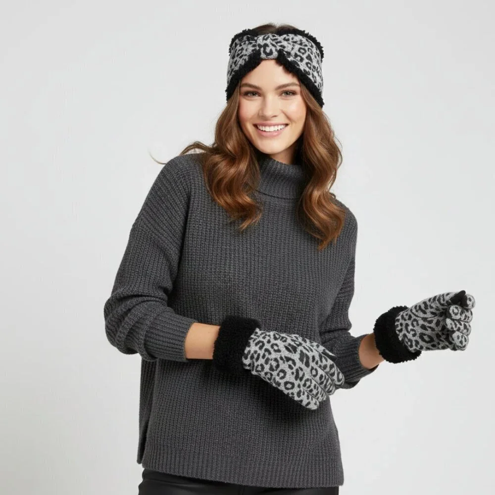 NWT Cuddl Duds 2-Pc Leopard Touchscreen Glove & Headband Set • Cozy Gift